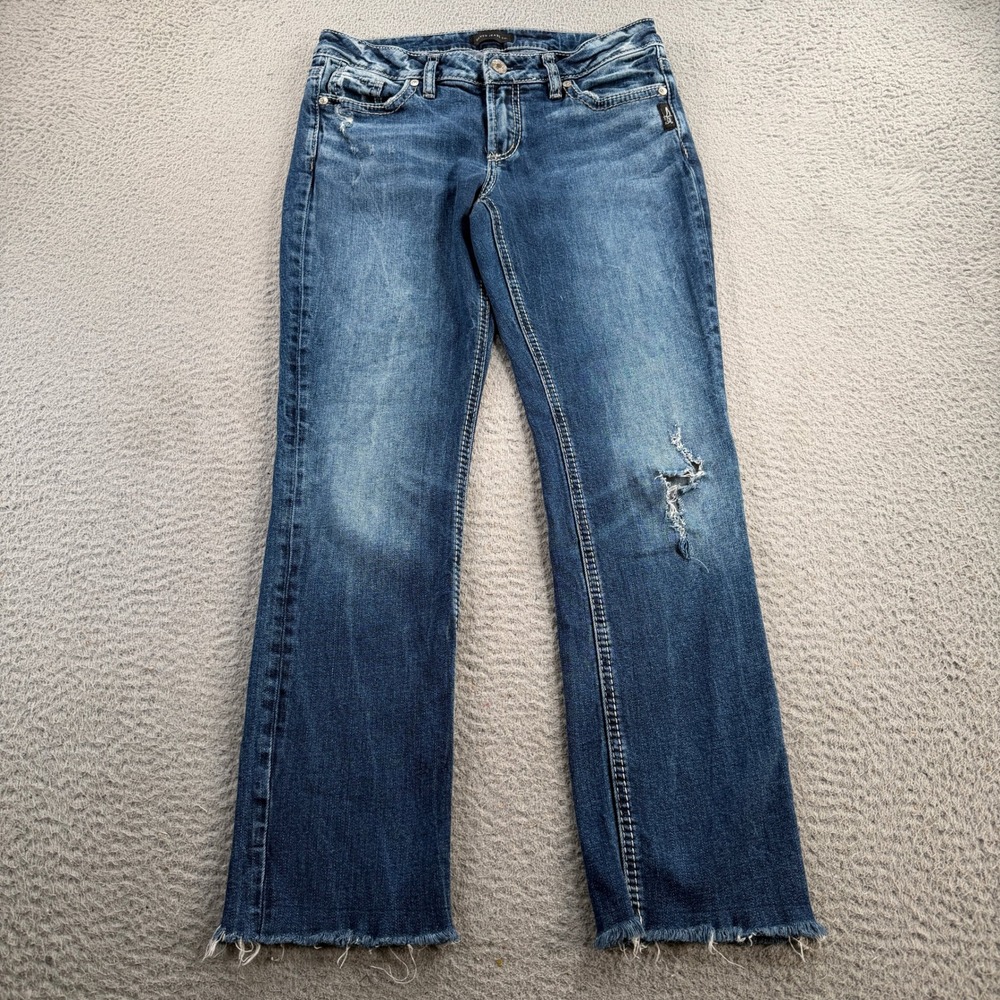 Silver Jeans Women Blue 28x27 Blue Elyse Straight Distressed Raw Hem Denim